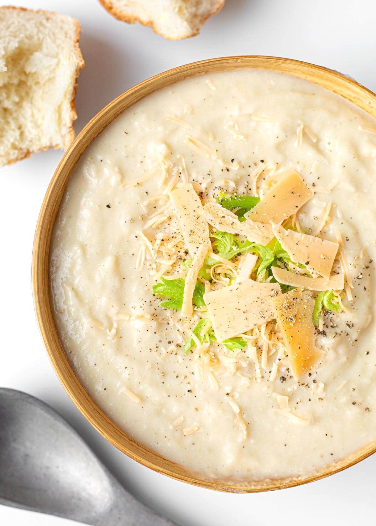 Creamy Cauliflower Soup in a brown bowl