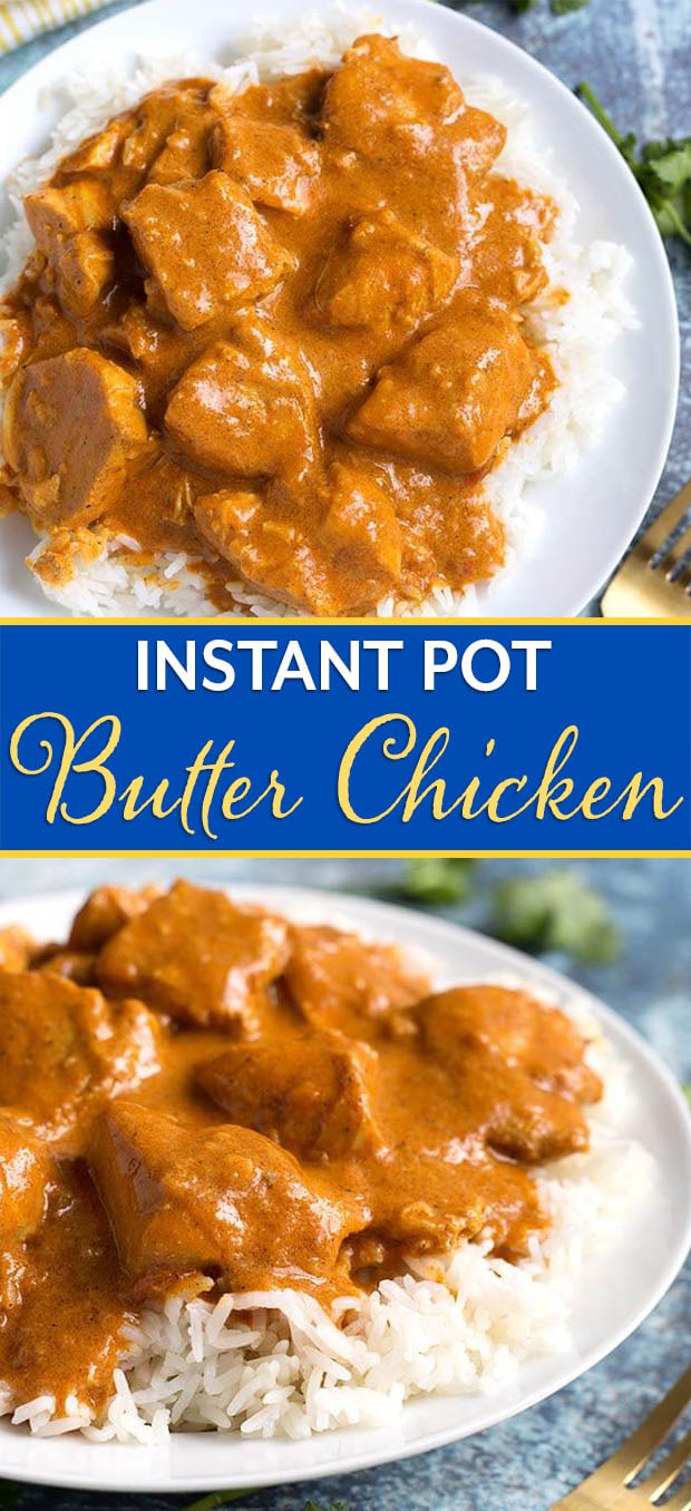 Instant Pot Butter Chicken is rich and super flavorful. We like making this tasty and easy pressure cooker Butter Chicken, and even our picky eaters like it! simplyhappyfoodie.com #instantpotbutterchicken #pressurecookerbutterchicken