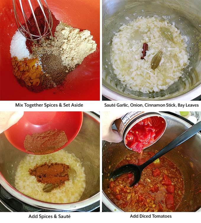 Four process pictures including mixing spices, sauteing in pot, adding spices  while sauteing and adding diced tomatoes in pot