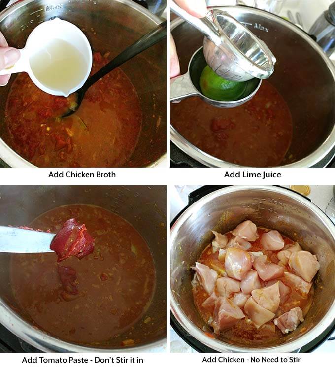 Four process pictures showing the addition of chicken broth, lime juice, tomato paste, and chicken to pot