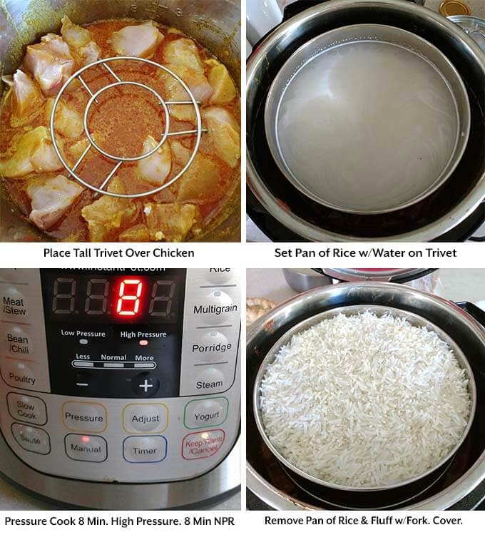 Four process pictures showing placement of trivet over chicken, setting pan on trivet, setting time on pressure cooker and removing the pan of rice from pressure cooker