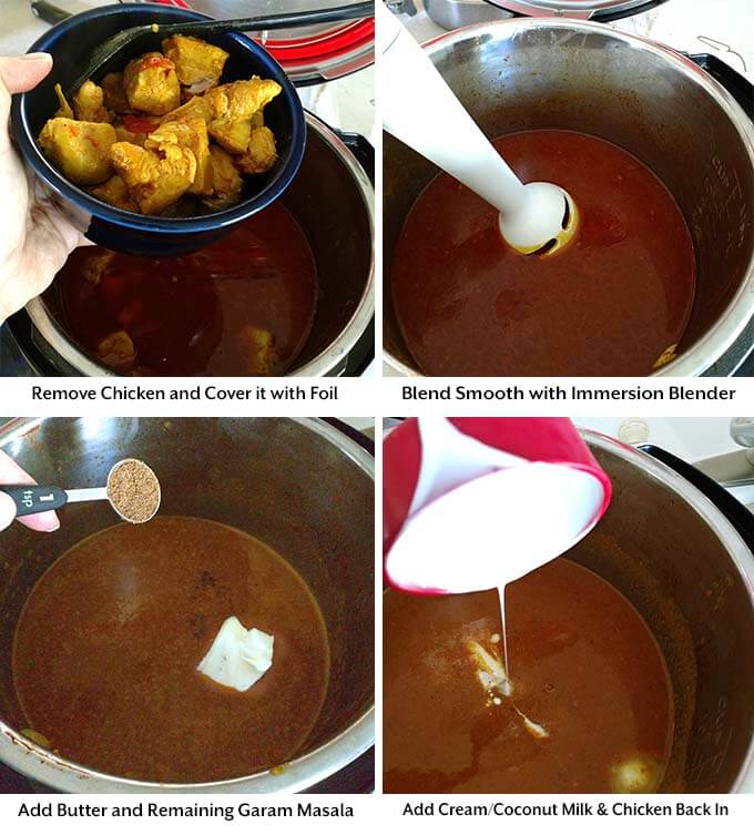 Four process pictures showing the removal of chicken, blending of pots contents and the addition of butter and cream to pot