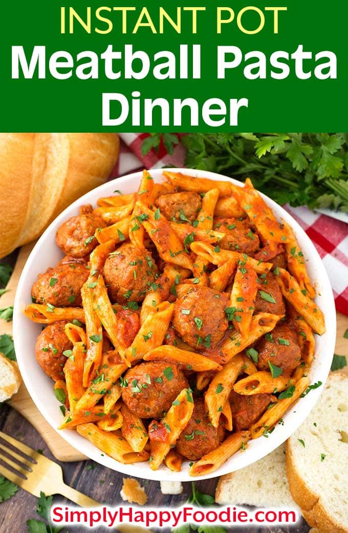 This easy and tasty Instant Pot Meatball Pasta Dinner can be on the table in under an hour! Using frozen, pre-cooked meatballs, and a jarred pasta sauce, you can let the Instant Pot do all of the work for a pressure cooker meatball pasta dinner! Instant Pot recipes by simplyhappyfoodie.com #instantpotmeatballspasta #pressurecookermeatballpasta