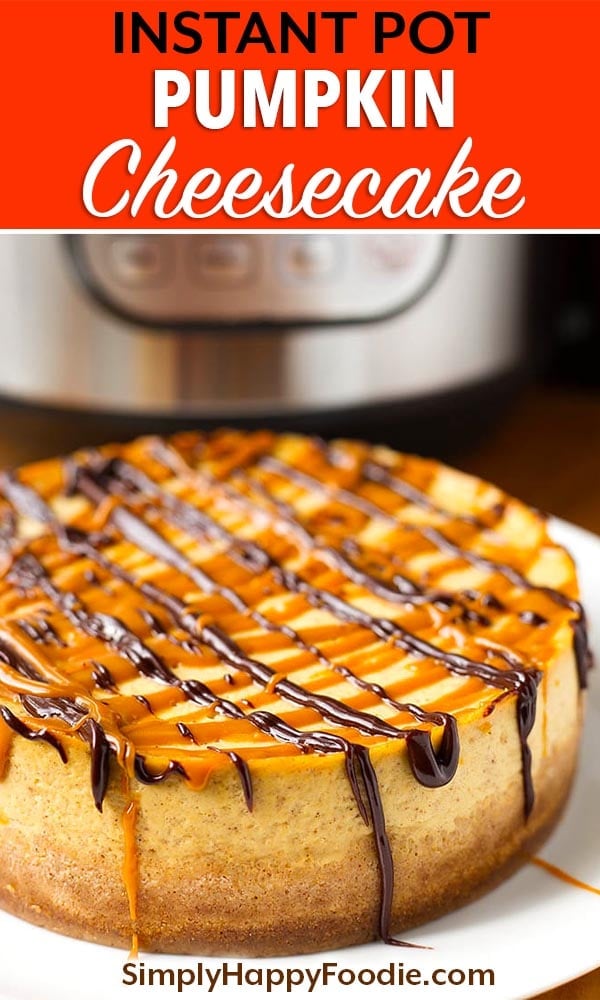 Instant Pot Pumpkin Cheesecake is creamy, and has just the right amount of pumpkin flavor. Accented with a little pumpkin spice, this is a tasty and well balanced pressure cooker pumpkin cheesecake! simplyhappyfoodie.com #pumpkinrecipes #instantpotcheesecake #instantpotpumpkincheesecake #pressurecookerpumpkincheesecake