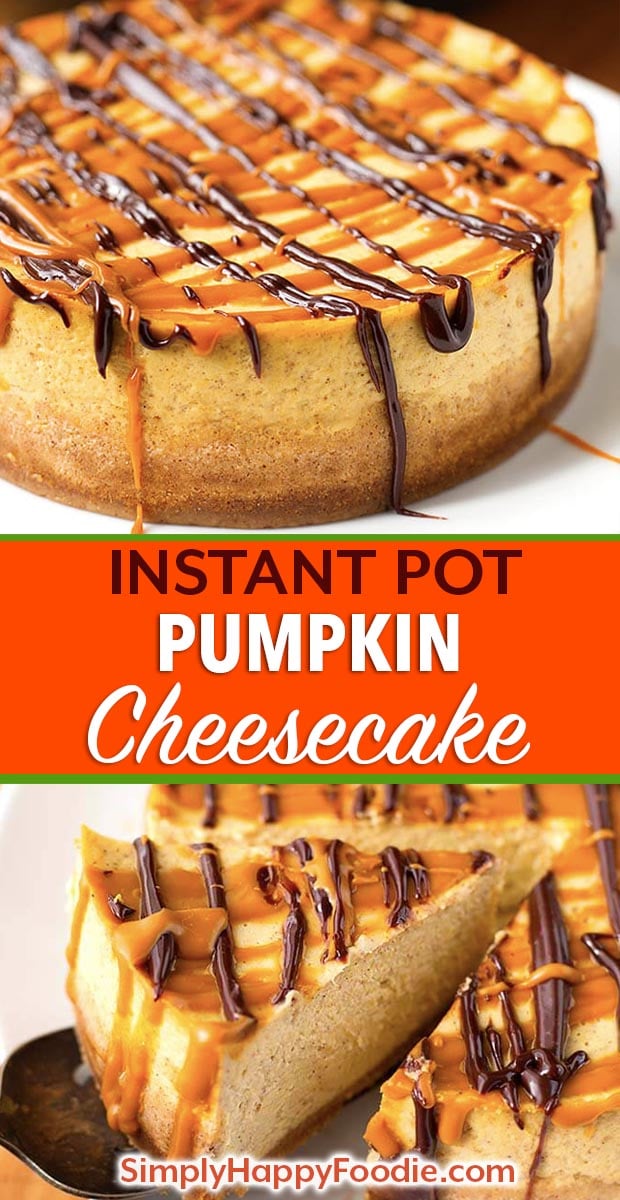Instant Pot Pumpkin Cheesecake is creamy, and has just the right amount of pumpkin flavor. Accented with a little pumpkin spice, this is a tasty and well balanced pressure cooker pumpkin cheesecake! simplyhappyfoodie.com #instantpotrecipes #instantpotcheesecake #instantpotpumpkincheesecake #pressurecookerpumpkincheesecake