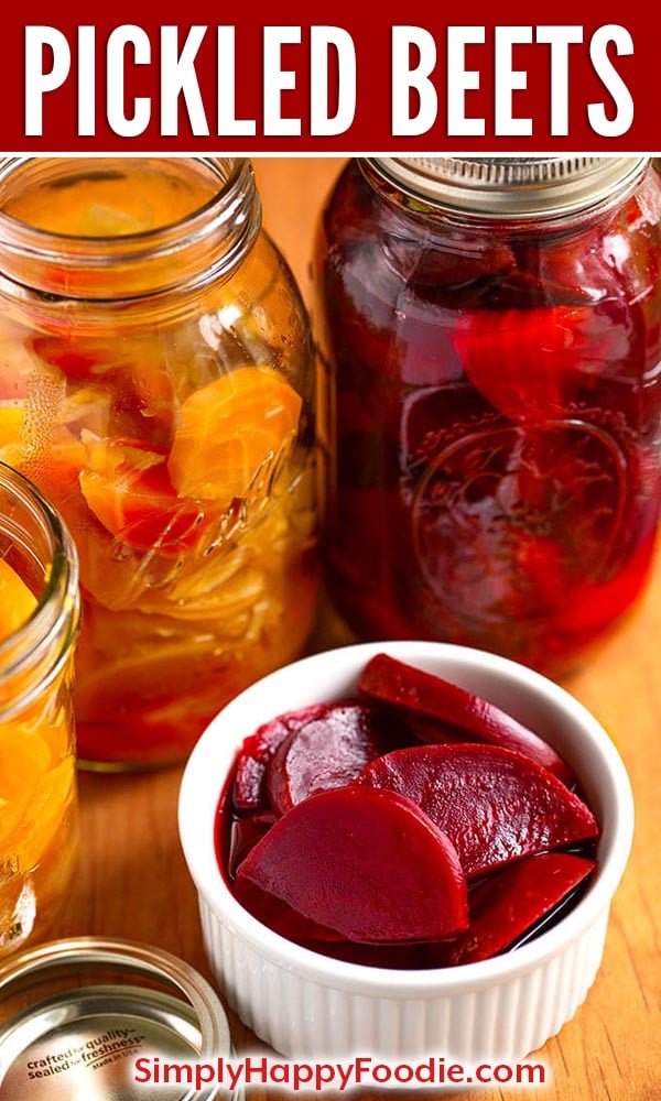 Make Easy Pickled Beets for the refrigerator or canning. Sweet and spicy! simplyhappyfoodie.com #pickledbeets #beets #easypickledbeets #pickledbeetsrecipe