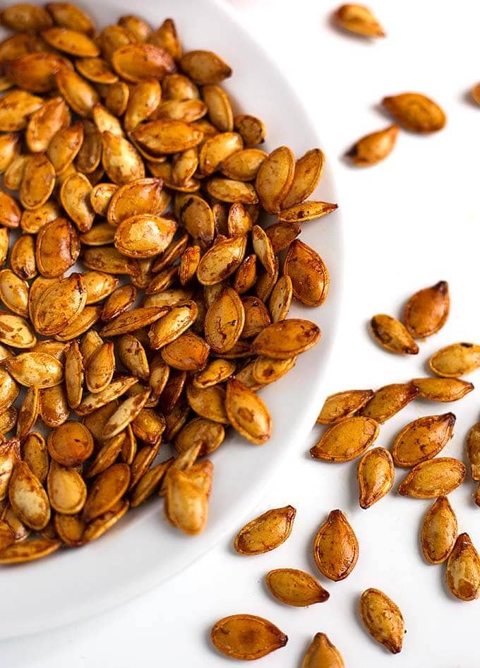 Roasted Pumpkin Seeds in a white bowl