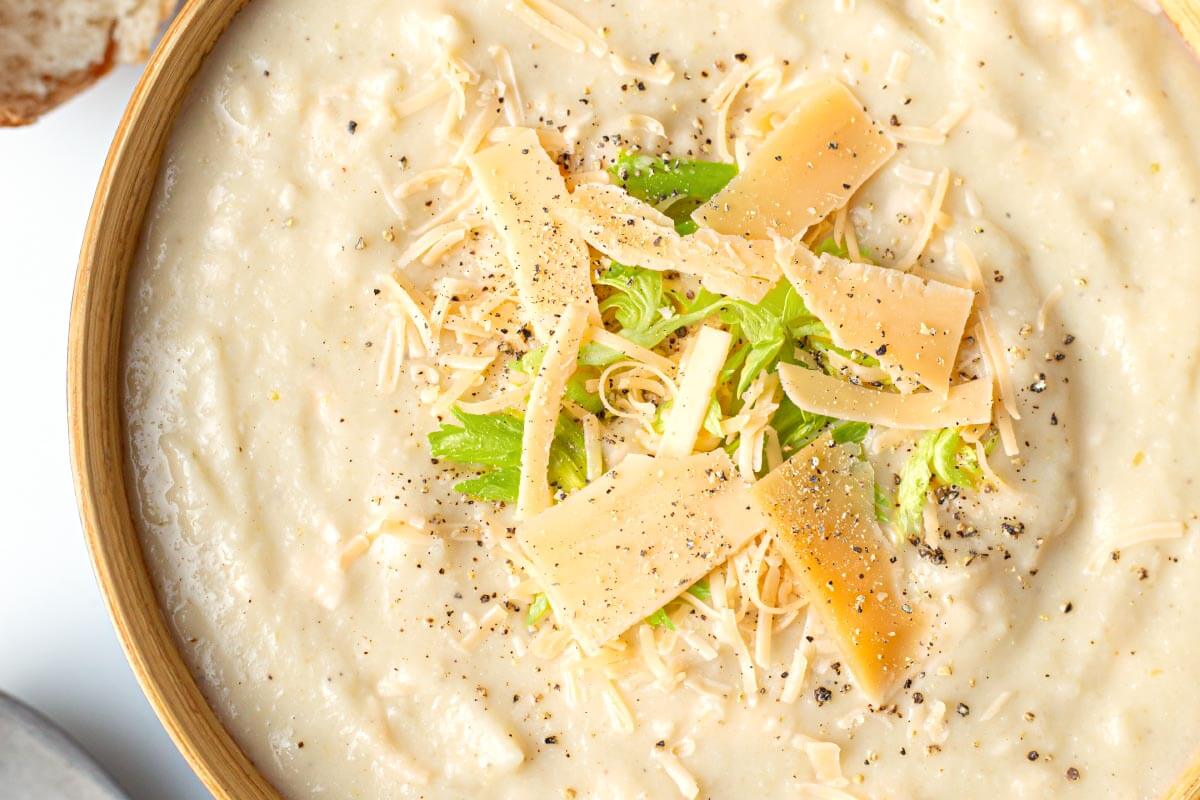 Cauliflower Soup closeup in bowl.