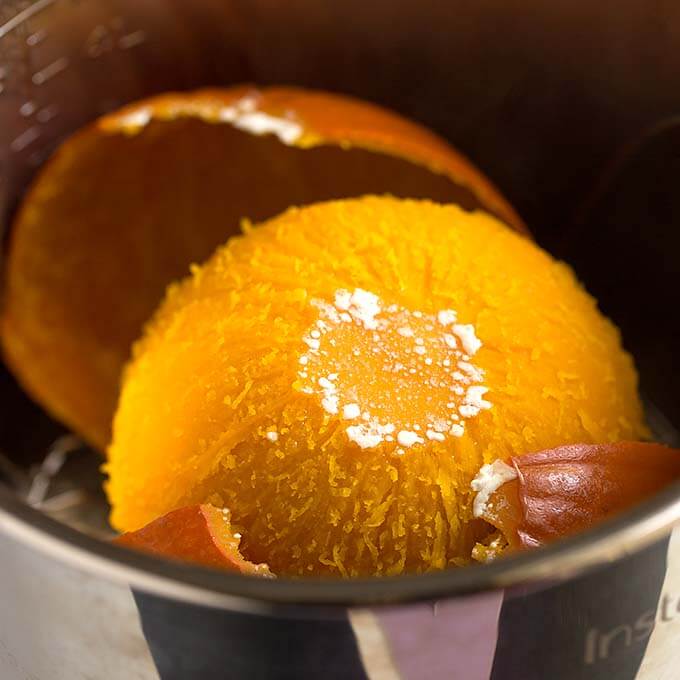 Cooked round pumpkin in pressure cooker