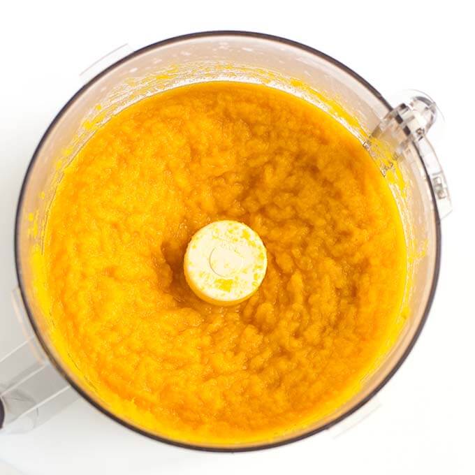 Pureed pumpkin in food processor
