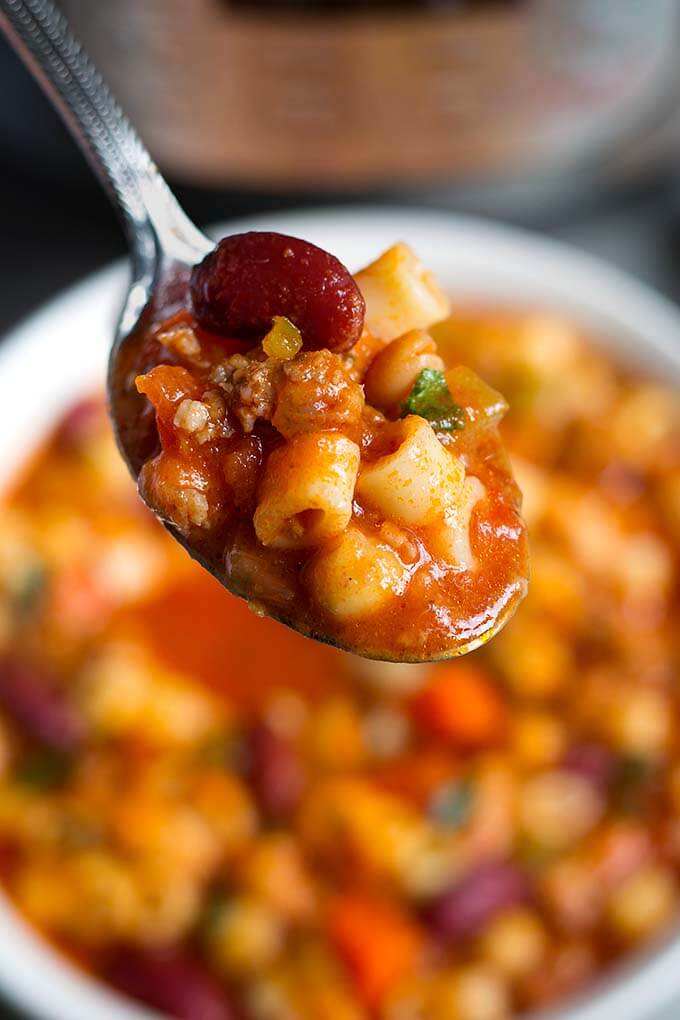 Pasta E Fagioli on a spoon close up