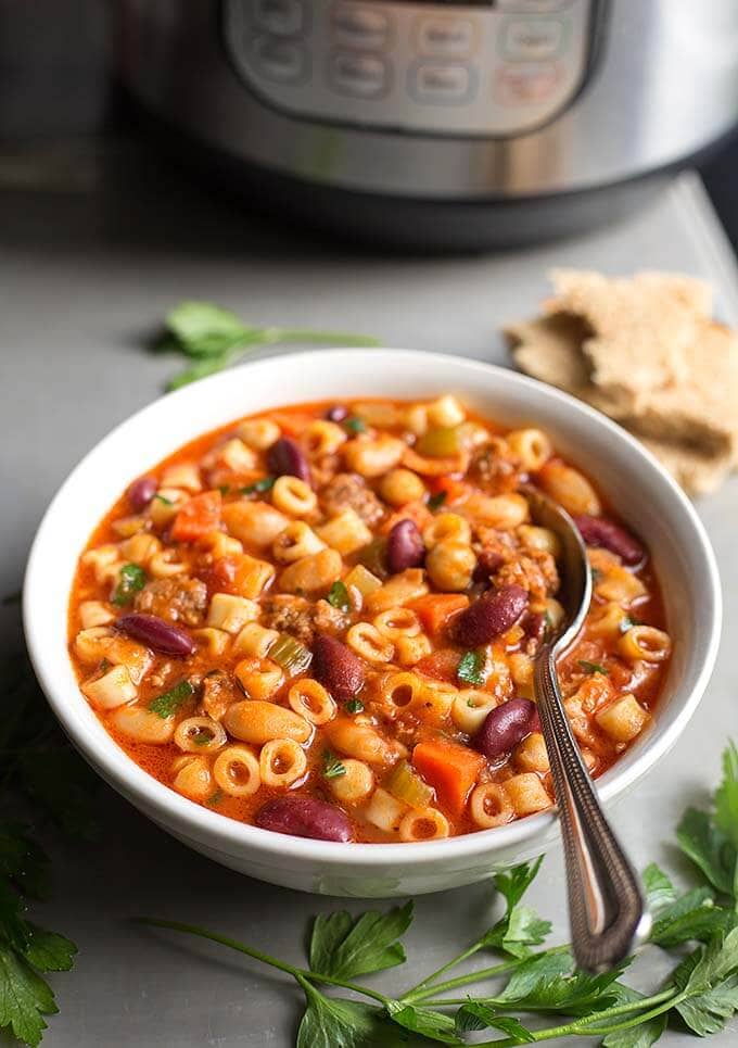 Pasta E Fagioli in a white bowl in front of the IP