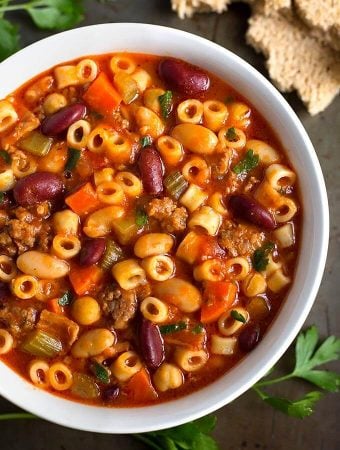 Instant Pot Pasta E Fagioli in a white bowl