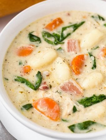 Creamy Chicken Gnocchi Soup in a white bowl