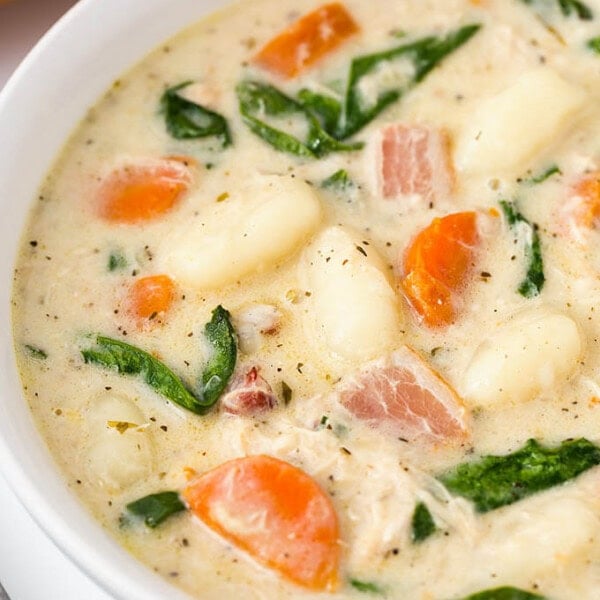 Creamy Chicken Gnocchi Soup in a white bowl