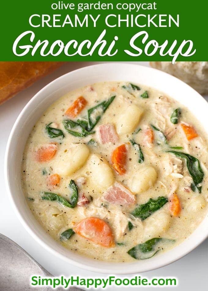 Creamy Chicken Gnocchi Soup is rich and full of Italian flavor! It is easy to make and goes well with crusty bread. Olive Garden Copycat soup by simplyhappyfoodie.com #chickengnocchisoup #gnocchi