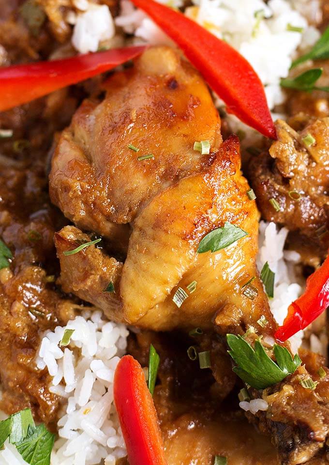 Close up of Chicken Adobo Filipino with rice