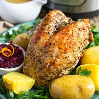 Cook a turkey breast and potato dinner in your Instant Pot, complete with gravy! Instant Pot Turkey Breast Potato Dinner is a one pot meal suitable for Thanksgiving or any time! simplyhappyfoodie.com #instantpotrecipes #instantpotturkeybreast #instapotturkey
