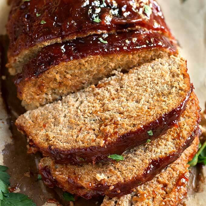 Close up of Turkey Meatloaf sliced on wooden board