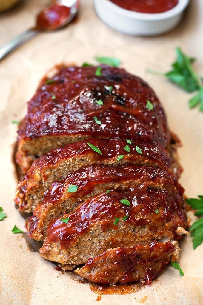 Turkey Meatloaf sliced on wooden board