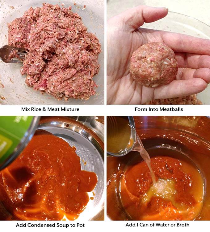 Four images showing the process of making porcupine meatballs by adding rice to meat forming it into a ball and adding soup and water to pot