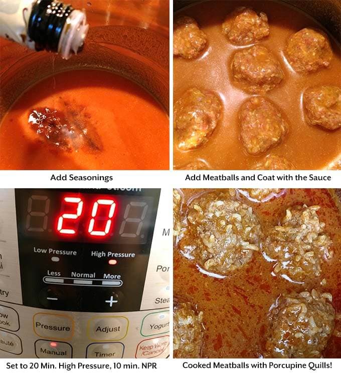 Four images showing how to make porcupine meatballs by adding seasoning and coating meatballs with sauce before placing in a pressure cooker and getting the final product