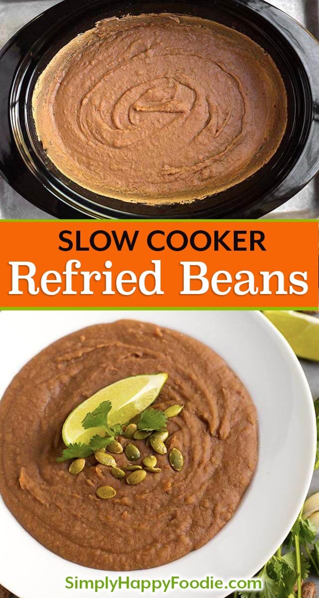 Slow Cooker Refried Beans are so delicious! These crock pot refried beans taste much better than canned beans. this slow cooker refried beans recipe is a dump and start, so it's super easy to make! simplyhappyfoodie.com #slowcookerrefriedbeans #crockpotrefriedbeans #slowcookerpintobeans #crockpotpintobeans #frijoles How to make refried beans