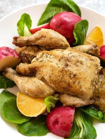 Cornish Game Hen on a white plate with potatoes and vegetables