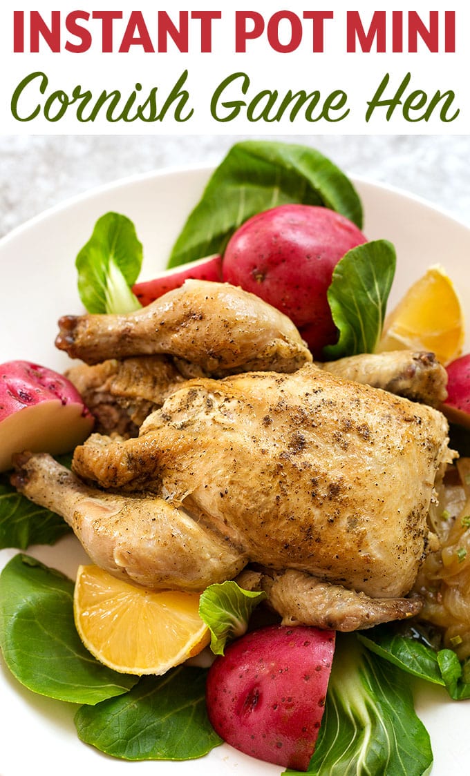 Much like a rotisserie chicken, Instant Pot Mini - Cornish Game Hen cooked in the 3 quart electric pressure cooker, comes out juicy and tender. A fast dinner with a smaller portion size. simplyhappyfoodie.com #instantpotcornishhen #instantpotgamehen