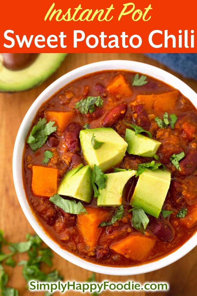 Instant Pot Mini Sweet Potato Chili is a perfectly proportioned batch of chili that fits in the 3 quart Instant Pot pressure cooker. This Instant Pot pressure cooker Sweet Potato Chili recipe has a lot of flavor, and is a healthy meal. simplyhappyfoodie.com #instantpotchili #instantpotsweetpotatochilirecipe