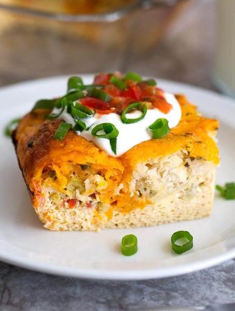 Slice of Breakfast Egg Bake on a white plate