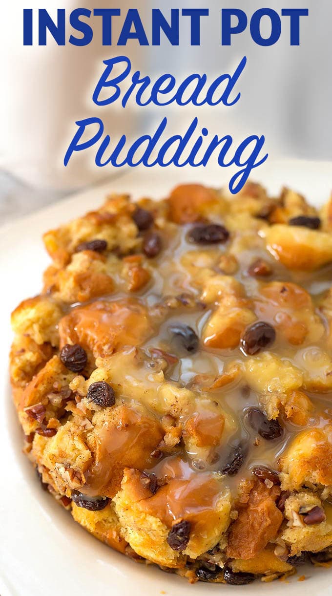 Instant Pot Bread Pudding is a rich and creamy dessert. Perfect for the Holidays, or make this pressure cooker bread pudding any time of the year! simplyhappyfoodie.com #instantpotrecipes #instantpotbreadpudding #pressurecookerbreadpudding #instantpotdessert