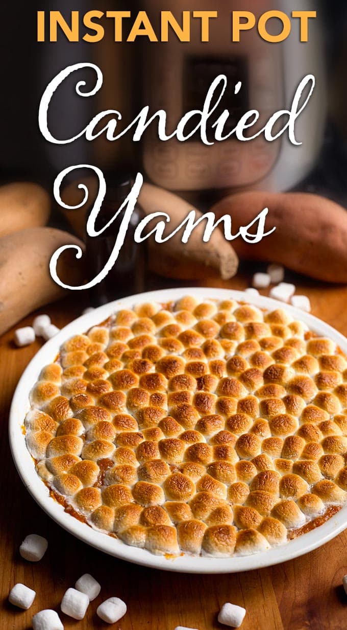 Instant Pot Candied Yams are the easiest way to make sweet potatoes for Thanksgiving! No need to bake them, and way better than the canned kind! simplyhappyfoodie.com #instantpotrecipes #instantpotthanksgiving #instantpotyams #instantpotholiday