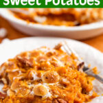 Instant Pot Candied Yams - Sweet Potatoes on white plate pin