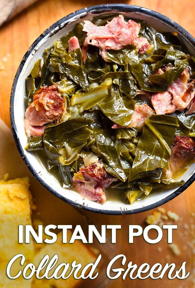Rich, flavorful Instant Pot Collard Greens with a ham hock are so very good. You will love these pressure cooker collard greens with a side of cornbread! simplyhappyfoodie.com #instantpotcollards #instantpotcollardgreenshamhock instant pot collard greens