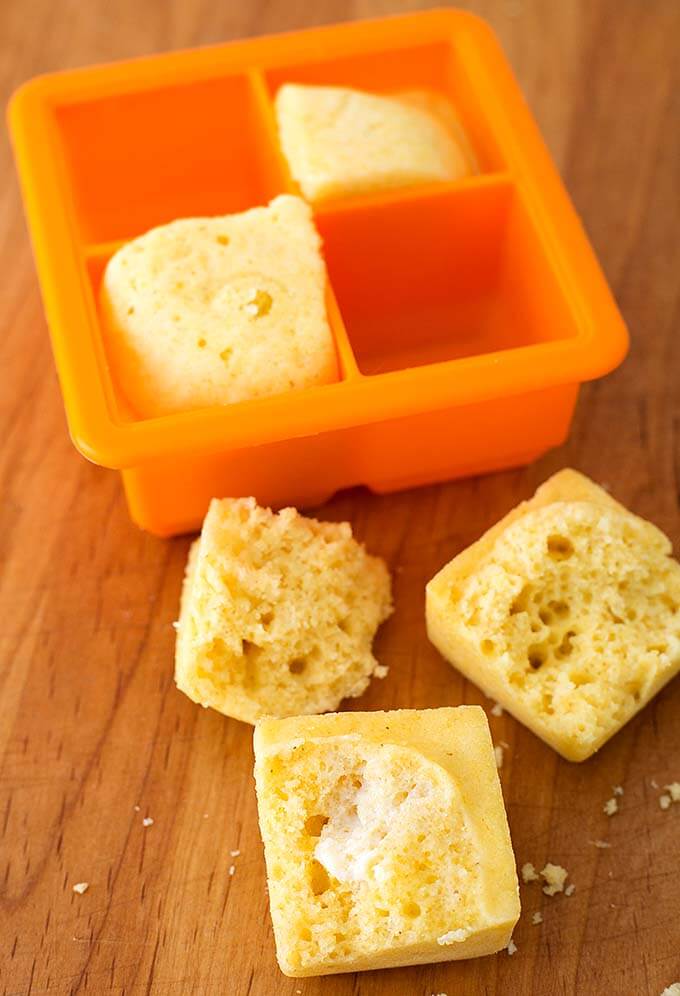 Cornbread Squares in a small four chamber square silicon baking mold 