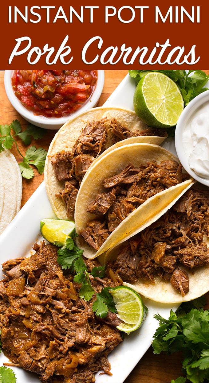 Instant Pot Mini - Pork Carnitas is a very flavorful meat seasoned with tasty Mexican spices. Use this versatile meat for tacos, burritos, sandwiches, and more. simplyhappyfoodie.com #instantpotrecipes #instantpotminirecipes #instantpotcarnitas #instantpot3quart #pressurecookercarnitas