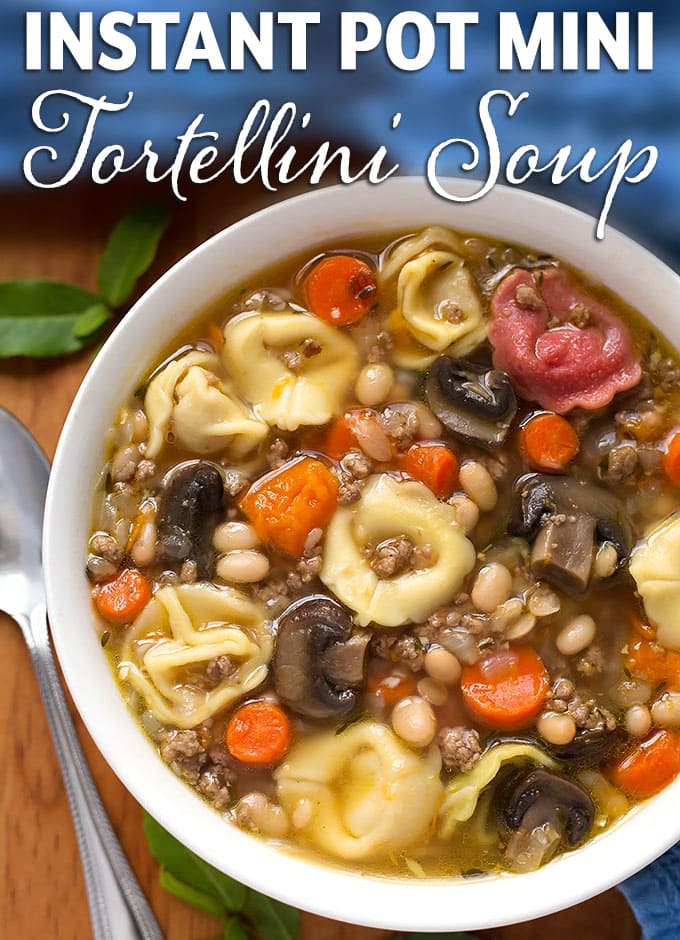 Instant Pot Mini Tortellini Soup is a delicious soup with sweet potatoes, beans, mushrooms, and more! Make this pressure cooker tortellini soup in your 3 quart size electric pressure cooker. simplyhappyfoodie.com #instantpot3quart #instantpotsoup