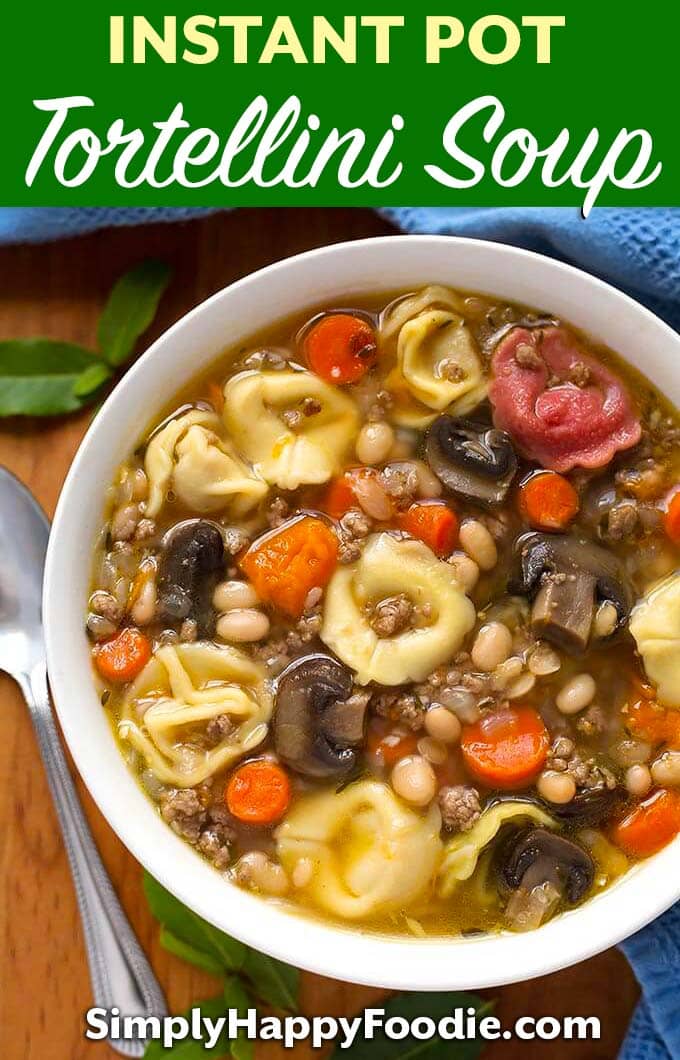 Instant Pot Tortellini Soup is a delicious soup with sweet potatoes, beans, mushrooms, and more! Make this pressure cooker tortellini soup in your 3 quart or 6 qt electric pressure cooker. Instant Pot recipes by simplyhappyfoodie.com #instantpot3quart #instantpotsoup