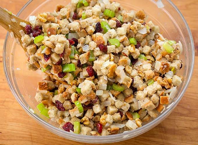 instant pot stuffing in round glass bowl on wood background