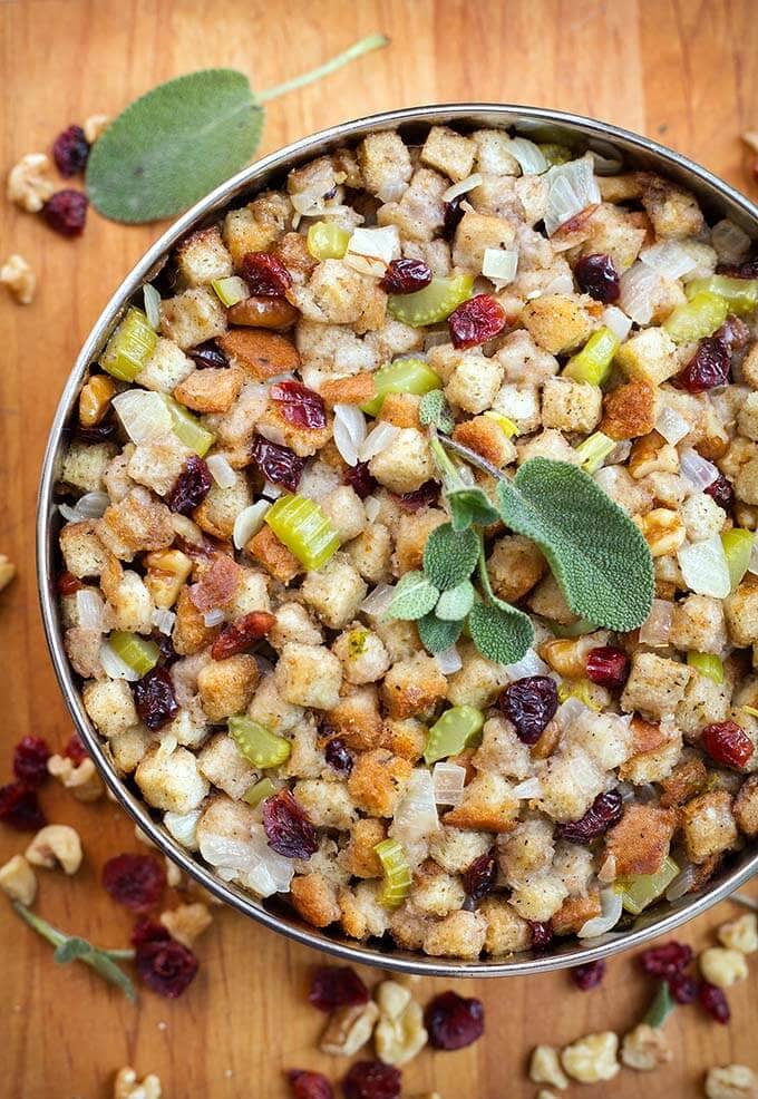 stuffing in round pan on wood background