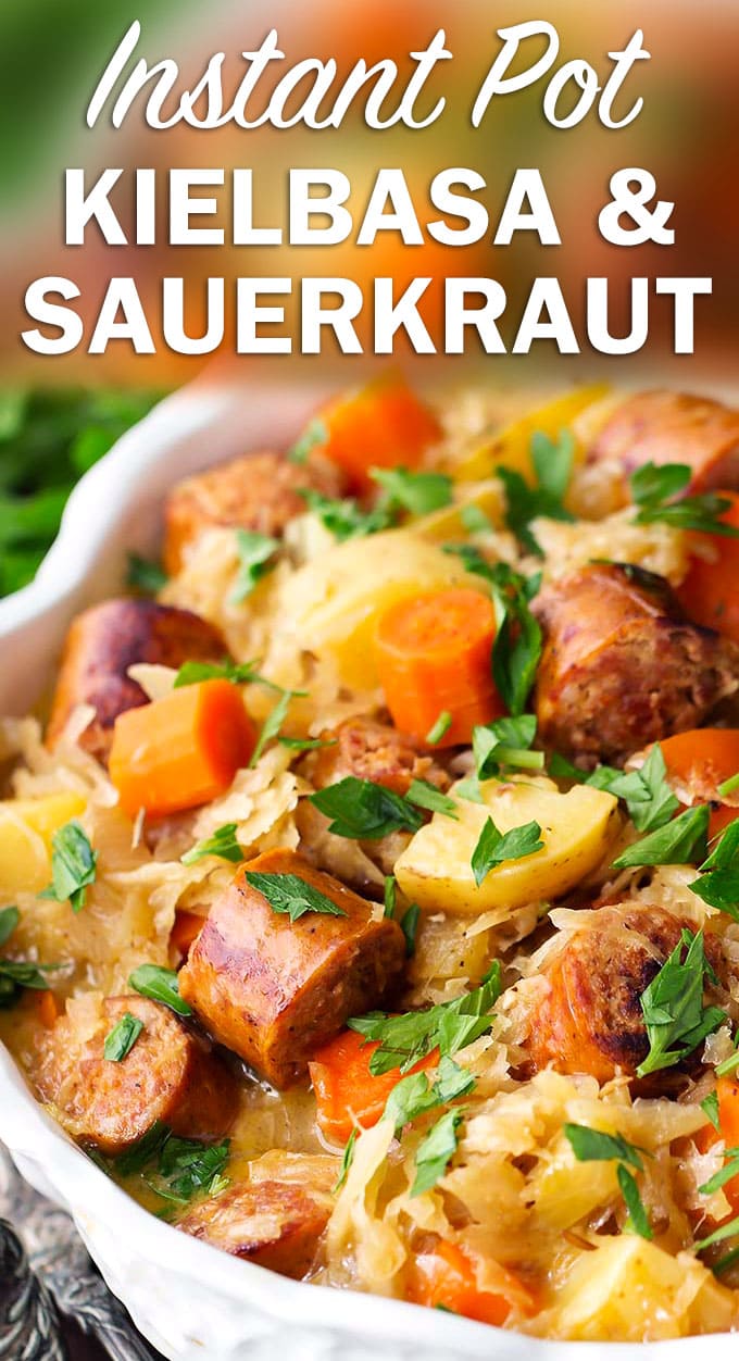 Instant Pot Kielbasa and Sauerkraut is a one pot meal with amazing flavor! This pressure cooker sauerkraut and kielbasa recipe is a family favorite! simplyhappyfoodie.com #instantpotsauerkrautkielbasa #instantpotrecipes #instantpotkielbasa #instantpotsauerkraut