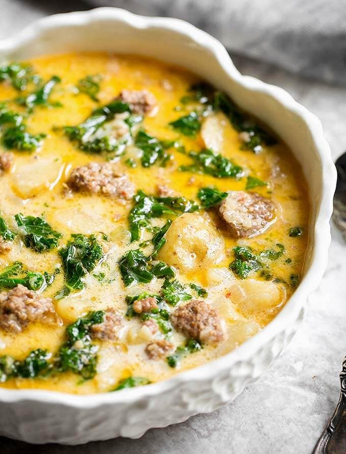 Zuppa Toscana (Sausage and Potato Soup) in a white bowl