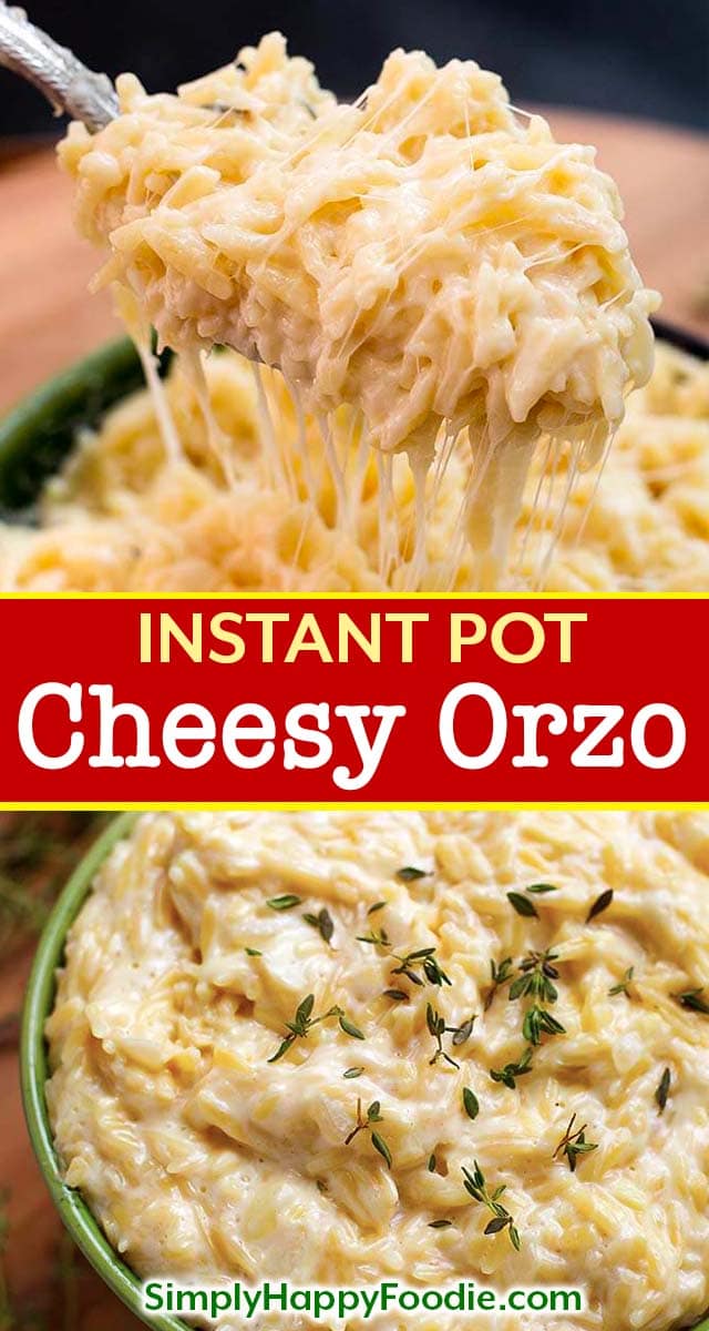 Instant Pot Cheesy Garlic Orzo is a delicious pasta side dish, and those little orzo pasta grains become so soft and creamy. It is very easy and quick to make pressure cooker orzo pasta! Instant Pot recipes by simplyhappyfoodie.com #instantpotpasta #instantpotorzo