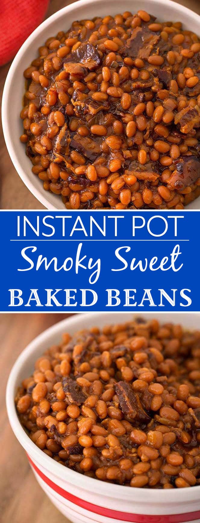 Instant Pot Smoky Sweet Baked Beans are rich and delicious. Made from soaked navy beans in your electric pressure cooker. simplyhappyfoodie.com #instantpotbakedbeans #instantpotbeans #instantpotbakedbeansrecipe #pressurecookerbakedbeans