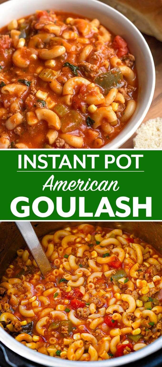 Instant Pot American Goulash is a classic one-pot meal many of us grew up with. Pasta, ground beef, and a tomato sauce are key ingredients in this pressure cooker American Goulash! simplyhappyfoodie.com #instantpotrecipes #instantpotgoulash #pressurecookergoulash