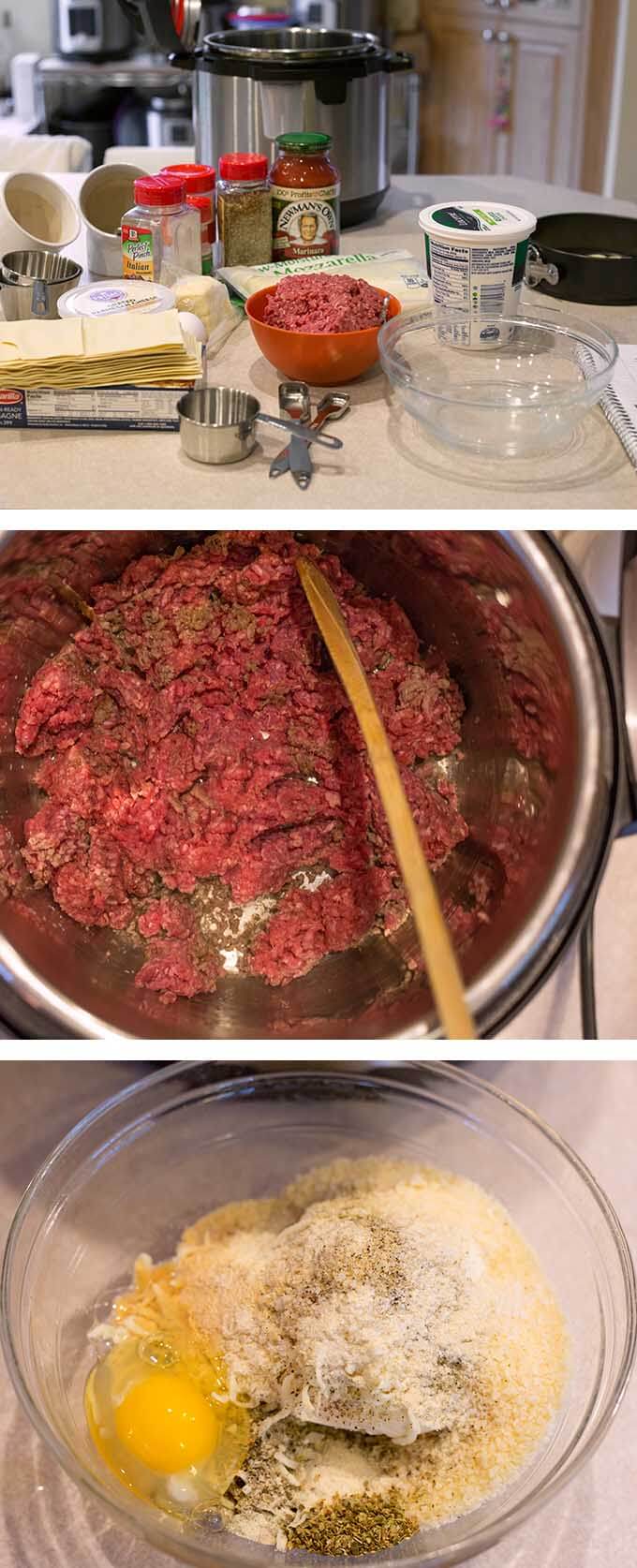 Three images of lasagna making steps, ingredients, sauce ingredients in pot, and cheese and egg ingredients in glass mixing bowl