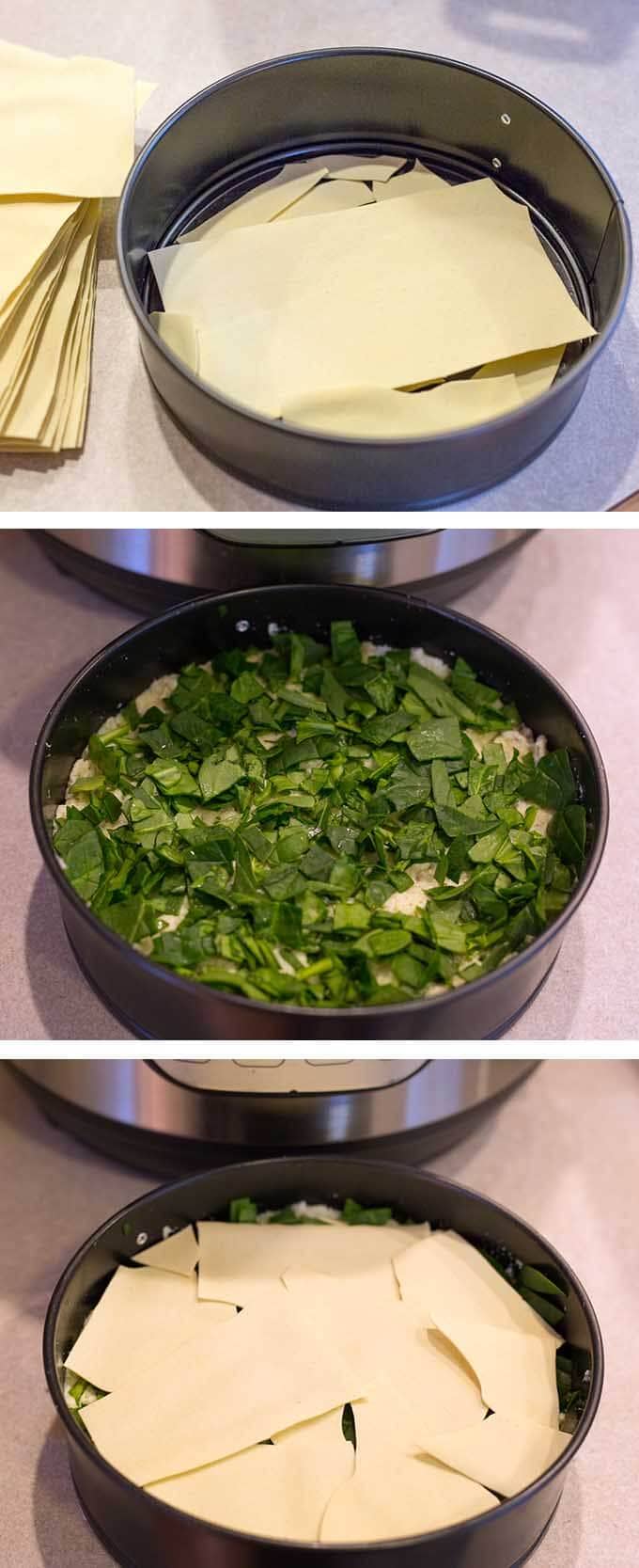 Three images showing layering of lasagna noodles and vegetables in round pot