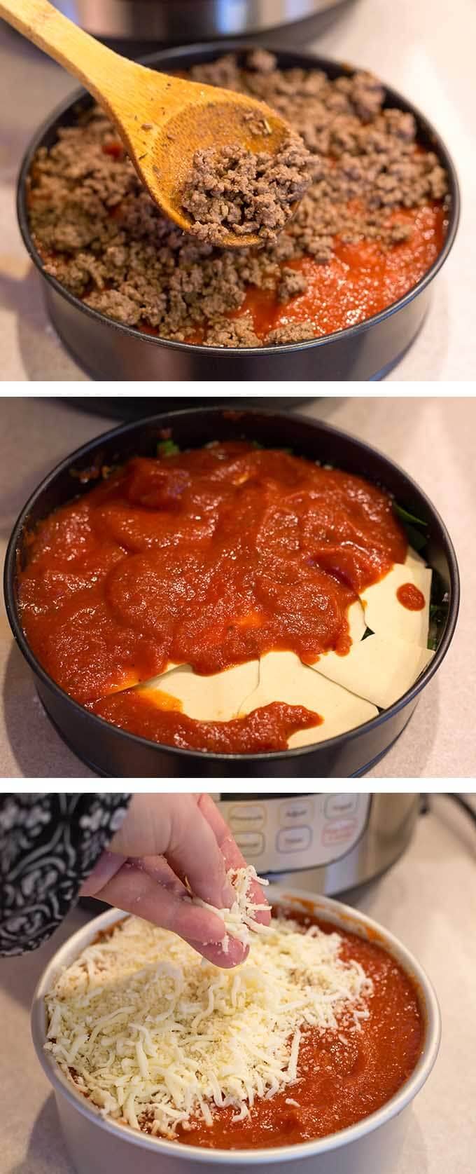 Three images showing layering of meat, sauce, and cheese