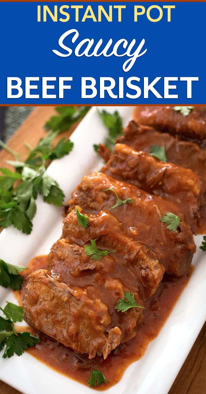 Instant Pot Saucy Beef Brisket is tender and flavorful. A cross between BBQ and sweet and sour, the sauce is tasty and plentiful for this pressure cooker brisket! simplyhappyfoodie.com #instantpotrecipes #instantpotbrisket #pressurecookerbrisket #instantpotbeefbrisket